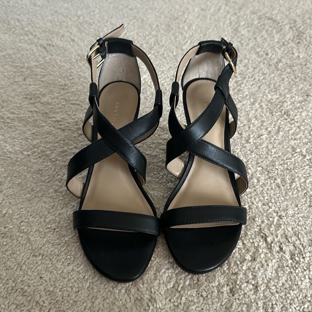 NEW Ann Taylor Black Leather Strappy Wedge Sandals SZ: 5.5 TO BE DONATED 5/21